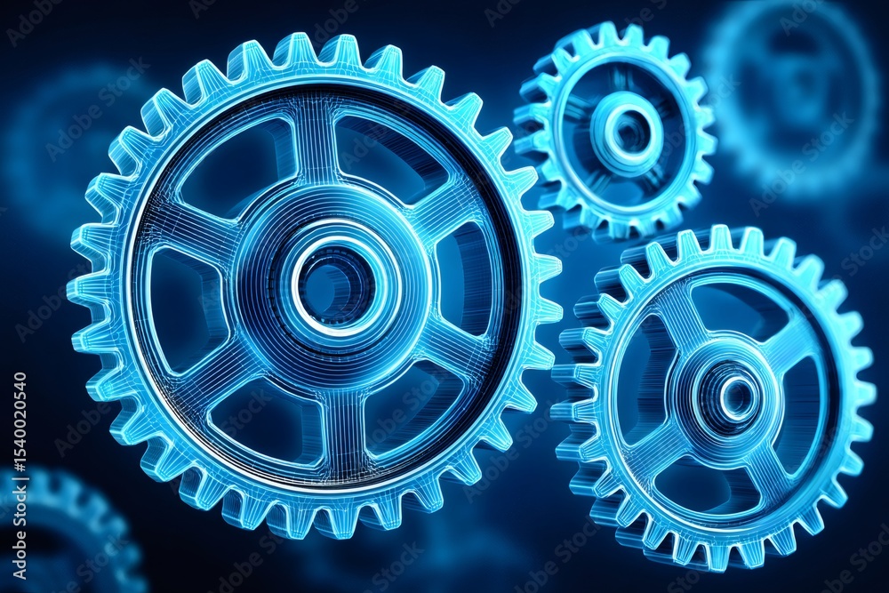 Poster Glowing digital gears rotating smoothly in a futuristic mechanism