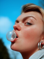 Close up macro shoot of woman blows a huge transparent bubblegum