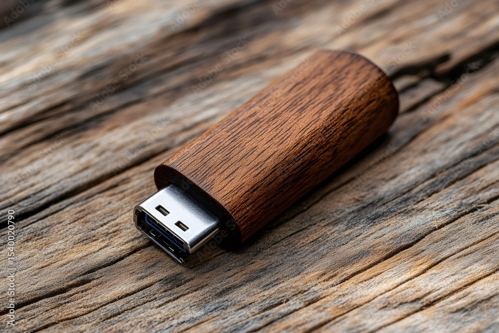 Poster wooden usb flash drive resting on rustic table