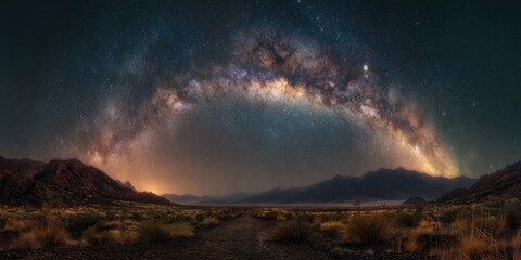 Fototapeta premium Majestic Milky Way arching over a desert landscape at night, mountains silhouetted against the vibrant star-filled sky