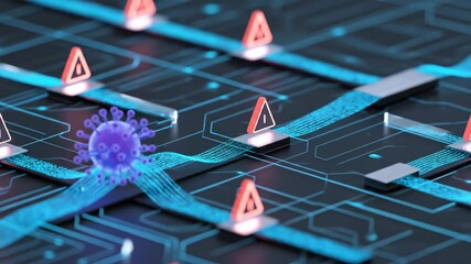 Conceptual image of a virus on a digital circuit board with warning signs representing cybersecurity risks - Powered by Adobe