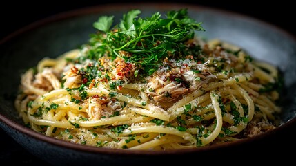 Crab pasta with fresh herbs and Parmesan cheese.