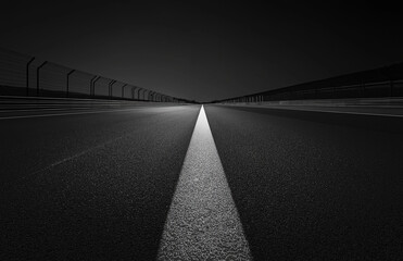 A black and white photograph of the finish line at an empty race track