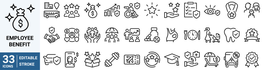 Employee benefit web line icons. Included icons as teamwork, insurance, paid Vacation, pension, social Security. Vector illustration. editable stroke