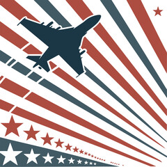 Fighter jet silhouette with patriotic burst design vector