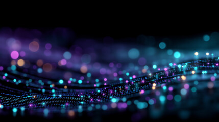 Intertwined Qubits in Purple and Teal on a Black Code Screen