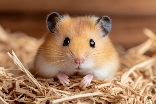 Cute hamster resting on soft bedding in its cage