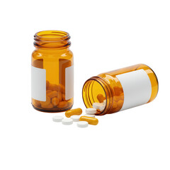 Amber pill bottles with pills spilled isolated on transparent background