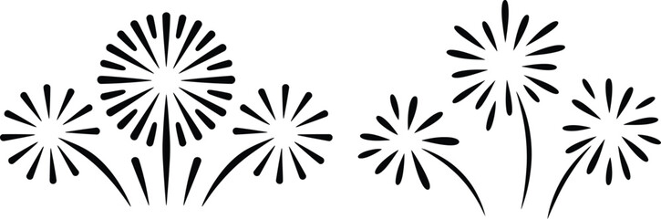 Three stylized black fireworks on a white background in a simple graphic design illustration style