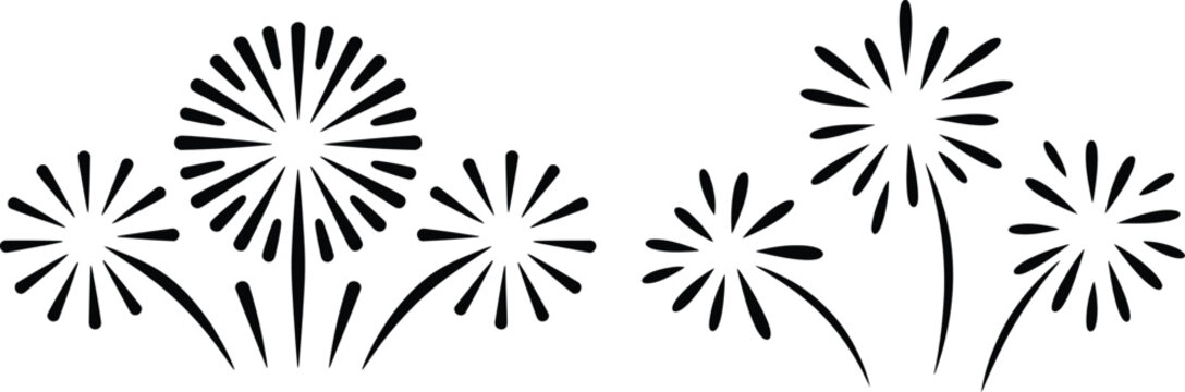 Three stylized black fireworks on a white background in a simple graphic design illustration style