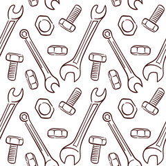 Seamless pattern with line art repair tools including wrench, bolt, nut and screw on white background. Perfect for construction mechanical store and engineering design.