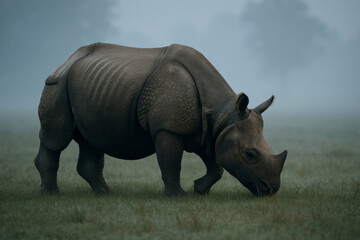 Obraz premium Solitary rhinoceros grazing peacefully on a misty grassland during early morning with soft, diffused natural light