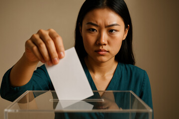 Naklejka premium Serious young woman casting her vote using a paper ballot at a transparent box during an election in a neutral indoor setting