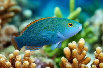 Obraz premium Turquoise wrasse swimming near vibrant coral reef in clear blue water