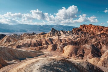 Naklejka premium Varied, colorful, eroded desert landscape under a partly cloudy blue sky; mountains in the background