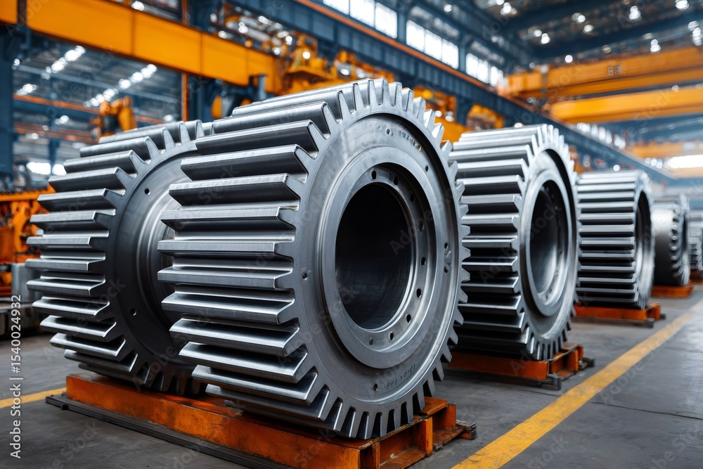 Poster large industrial gears waiting in modern factory setting