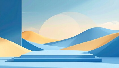 Serene Blue and Beige Minimalist Landscape with Platform
