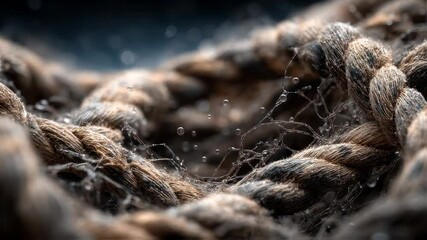 Detailed view of intertwining rope fibers covered in delicate water droplets, creating an abstract design - Powered by Adobe