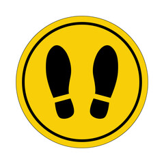 Floor markings. Stand here. Social distancing. Yellow circle sticker. Warning icon. Sign yellow. Circle label.