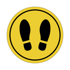 Floor markings. Stand here. Social distancing. Yellow circle sticker. Warning icon. Sign yellow. Circle label.