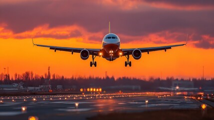 Passenger airplane landing on runway during beautiful sunset