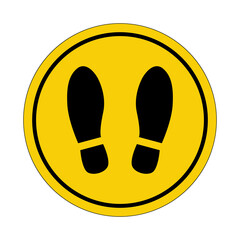 Floor markings. Stand here. Social distancing. Yellow circle sticker. Warning icon. Sign yellow. Circle label.