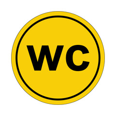 WC. Toilet. Yellow circle sticker. Warning icon. Yellow sign. Circle label.