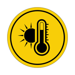 High temperature. Very hot and scalding. Heat. Yellow circle sticker. Warning icon. Sign yellow. Circle label.