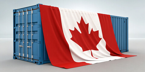 A Canadian flag draped over a blue shipping container, symbolizing international trade, Canadian business, and logistics