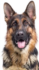 German Shepherd dog panting and looking forward on white background