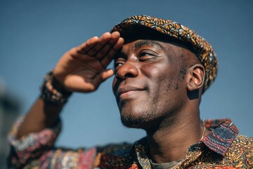 Stylish african american man shielding eyes from sun while looking away
