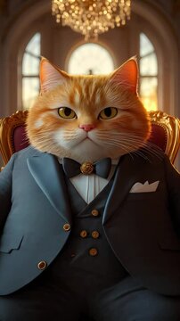 A chubby orange cat dressed in an elegant tuxedo sits confidently on a luxurious throne in a grand hall, exuding the aura of a wealthy aristocrat or noble tycoon.