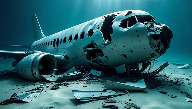 Wrecked airplane on ocean floor underwater scene - Powered by Adobe