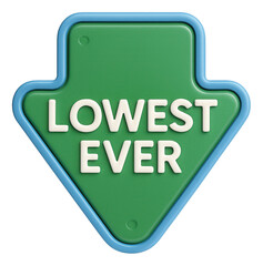 Obraz premium Green arrow-shaped sticker with LOWEST EVER in bold letters, highlighting a unique retail promotion on transparent background.