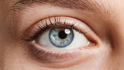 Obraz premium Close-up of a blue eye with defined eyelashes and subtle reflections, showcasing detailed iris patterns.