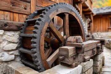 Large wooden gear wheel powering mill machinery in rural setting
