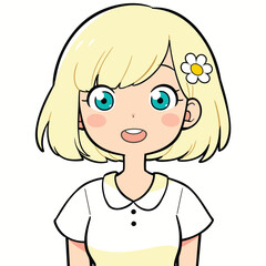 Cute blonde girl illustration in cartoon style with a flower in her hair.