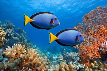 Fototapeta premium Two powder blue tang fish swimming over a coral reef