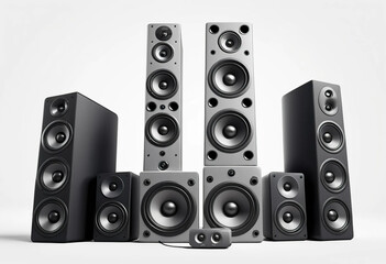 Hi-fi cube speakers in vertical formation, black sound units on white table, modern tech visual