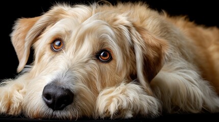 Golden doodle dog sitting calmly and looking directly at the camera with expressive eyes and a soft coat