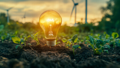 Conceptual photo energy price increase. Bulb shines above sprouts in soil. Wind turbines in background represent renewable resources. Sustainable alternatives combat challenges. Eco innovation future.