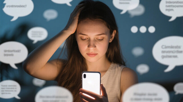 Emotional distress concept &mdash; female holding head in frustration with surrounding intrusive thought symbols