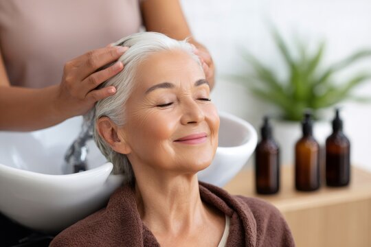 Hairdresser washing hair of senior woman in beauty salon - Powered by Adobe