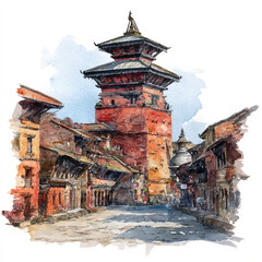 Fototapeta premium A single watercolor brilliant Bhaktapur square with red brick