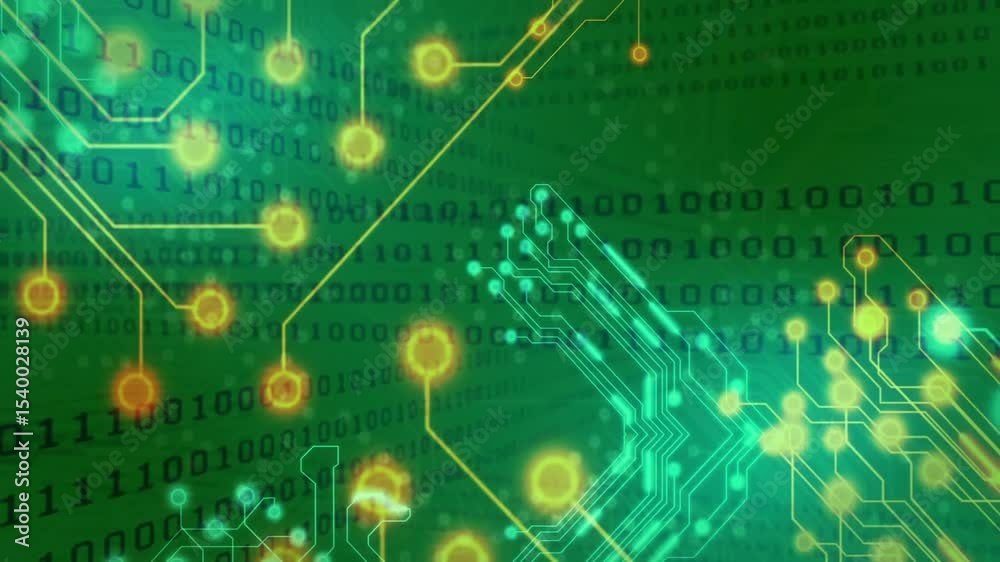 Poster starting on green code field turquoise-gold circuit traces expanding pulsing and showing data flow