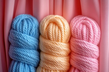 Colorful yarn balls are arranged on pink silky fabric creating a cozy atmosphere