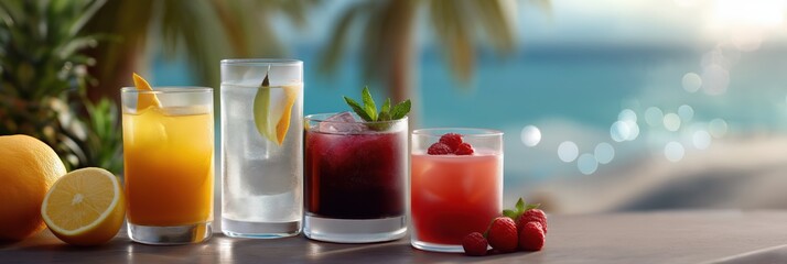 Refreshing tropical drinks on beachside table with citrus and berries
