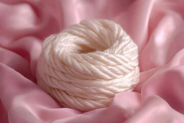 Ball of white yarn resting on pink silk fabric