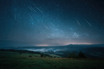 Serene night landscape with numerous shooting stars streaking across a dark, star-filled sky over a misty valley and rolling hills