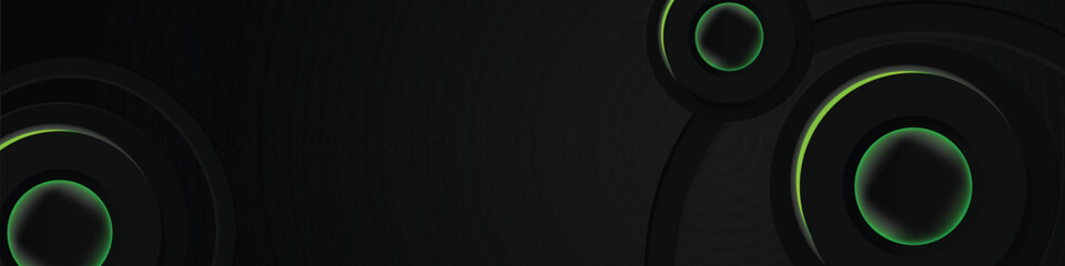 Abstract black circle dimensional horizontal banner background with green neon light design